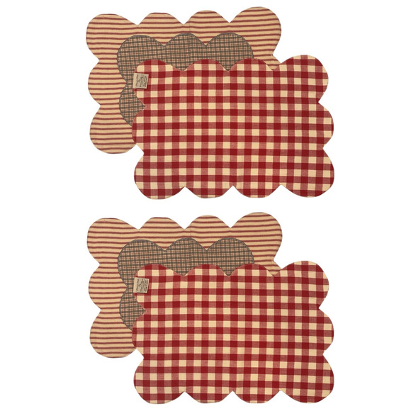 Set of 4 Summers Edge Placemat Set Red Blue Tan Country Picnic Scalloped Striped - Picture 8 of 12